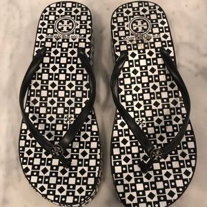 Tory Burch black and white wedge flip flops